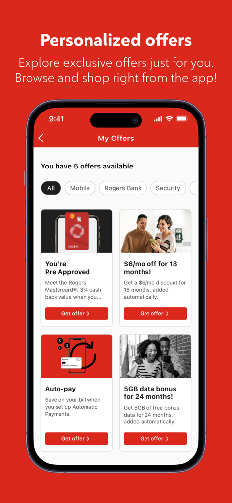 Schermata dell'app MyRogers che visualizza offerte e sconti personalizzati per i clienti