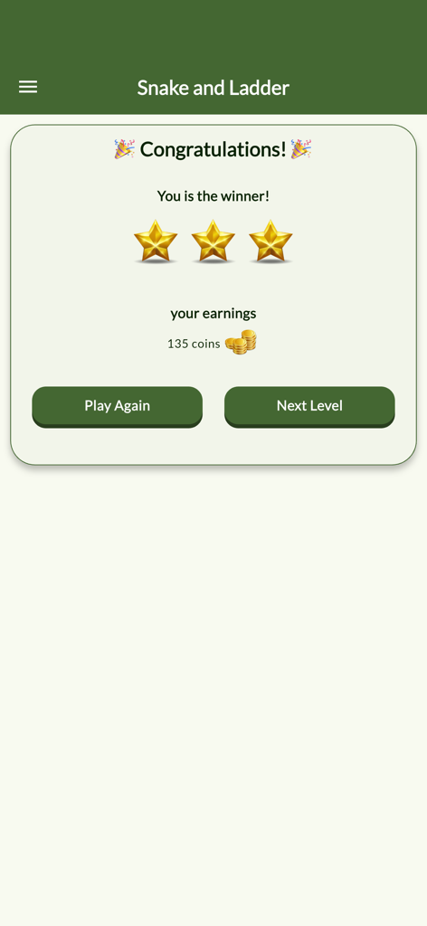 Snake and Ladder Adventures - Snake and Ladder Adventures victory screen with three stars and coins reward
