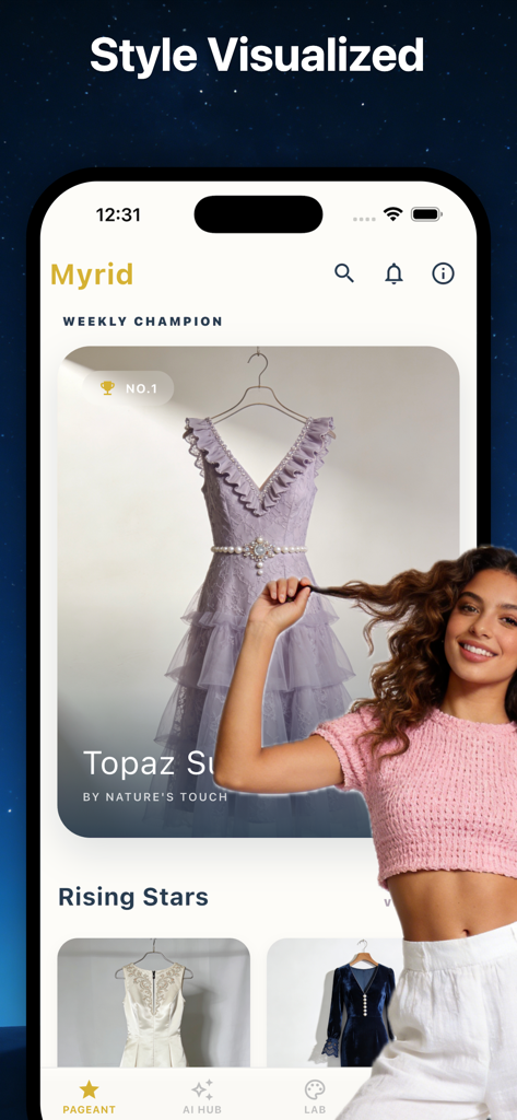 Myrid：Soul Style&Chat - Écran de l'application Myrid affichant une robe de soirée lavande en vedette et une collection de tendances mode montantes.