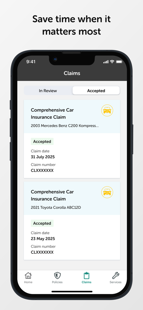 AMI mobile app interface showing a list of accepted car insurance claims with status and dates