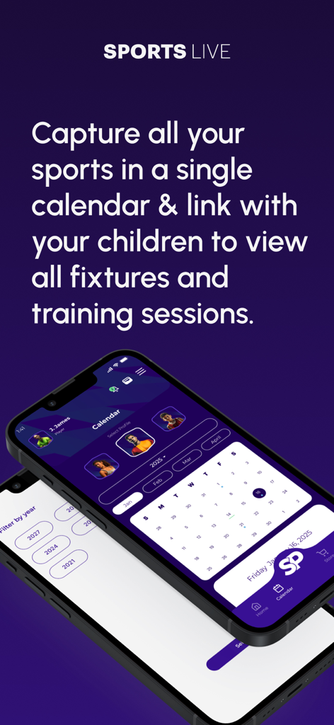 SportsPassport - Smartphone displaying the SportsPassport app unified sports calendar and family profile selection.