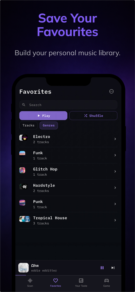 Genre AI: Music Genre ID - Genre AI app favorites screen displaying a personal music library organized by different genres like Electro and Funk