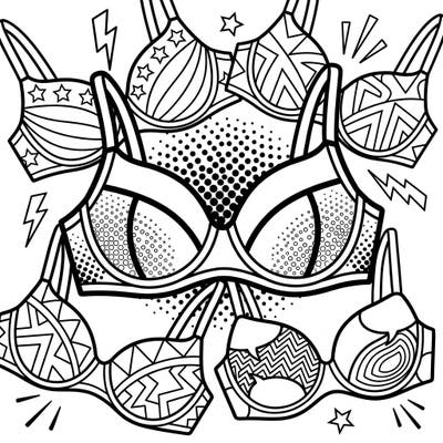 Dive into the vibrant world of Pop Art with this dynamic coloring page featuring an array of stylish push-up bras. Bold outlines, playful patterns, and halftone dot details create a visually exciting design ready for your splash of color.