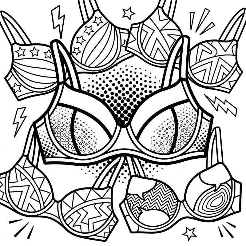 Dive into the vibrant world of Pop Art with this dynamic coloring page featuring an array of stylish push-up bras. Bold outlines, playful patterns, and halftone dot details create a visually exciting design ready for your splash of color.