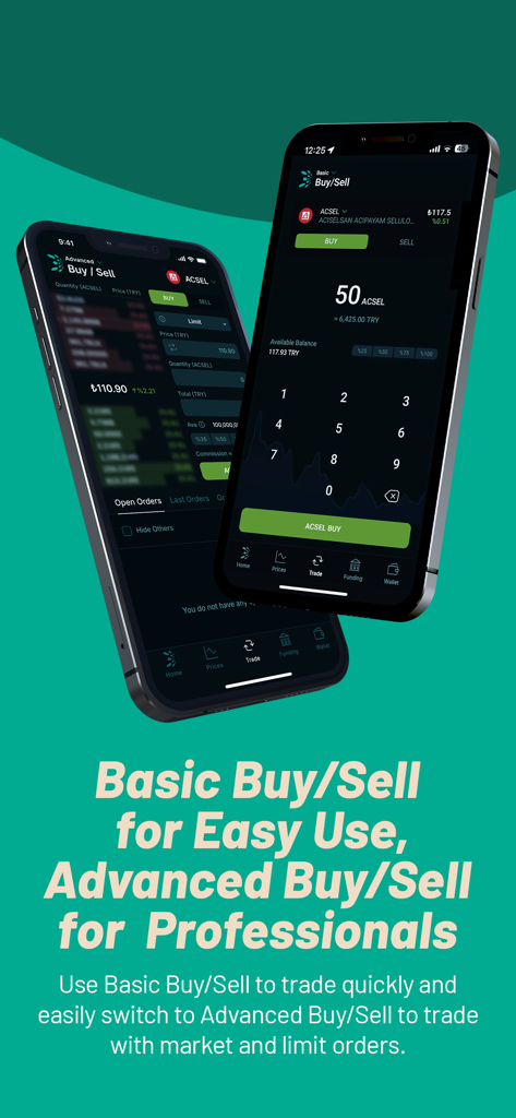 BtcTurk | Hisse: Buy Sell - Pantallas de la aplicación BtcTurk Hisse que muestran interfaces básicas y avanzadas de compraventa para el trading de acciones