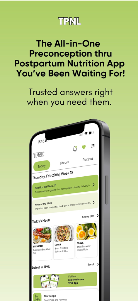 The Prenatal Nutrition Library - The Prenatal Nutrition Library app home screen displaying personalized meal plans and weekly nutrition tips for pregnancy.
