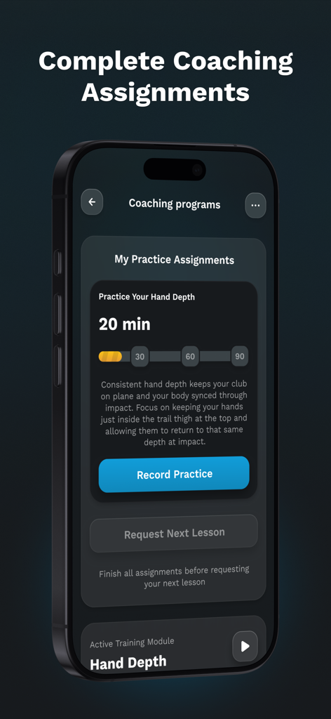 Golf Daddy: Golf At Home - Smartphone screen displaying coaching assignments and practice progress in the Golf Daddy app