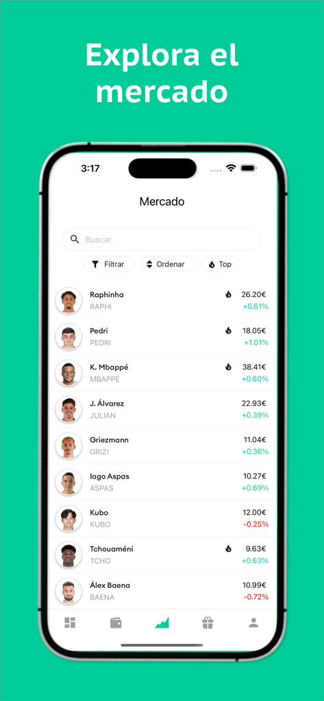 Futbit - Screenshot of the Futbit app showing soccer player stock prices and market performance trends