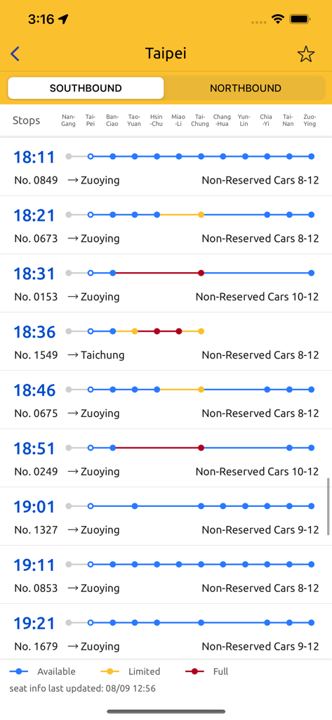 TransTaiwan: 雙鐵/捷運 時刻表 路徑規劃 - TransTaiwan app interface displaying southbound train schedules from Taipei with color-coded seat availability indicators.
