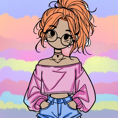 girl with a messy ponytail glasses a baggy crop top and jean shorts