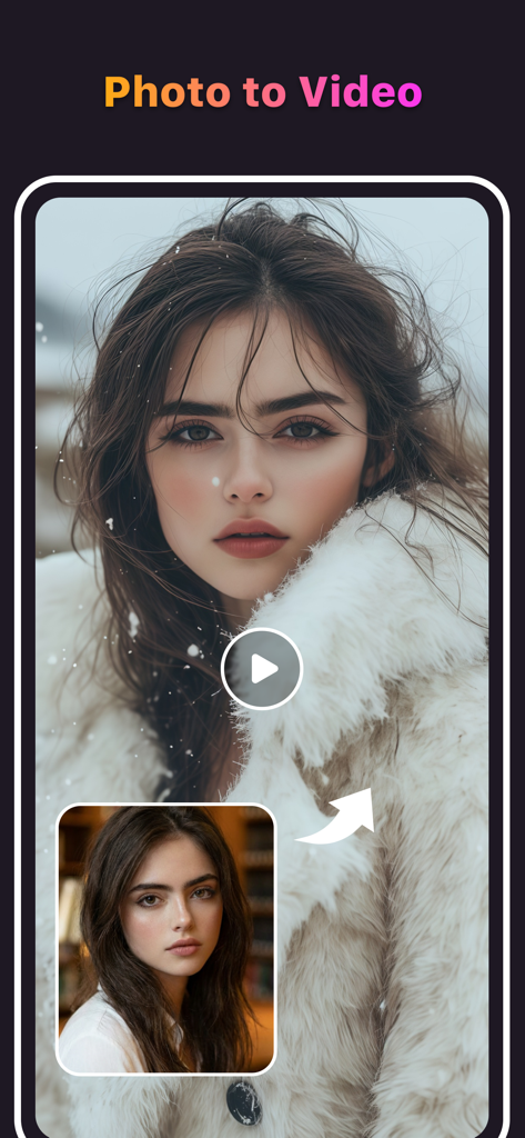 AI Danza-AI Video Editor&Maker - AI Danza app interface showing the photo to video conversion feature with a woman in a fur coat