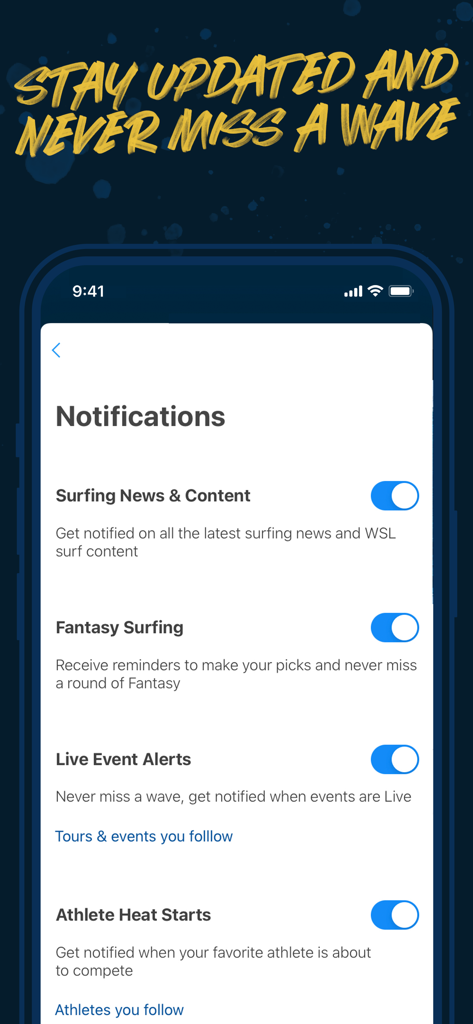 World Surf League app notification settings for live event alerts and athlete heat starts