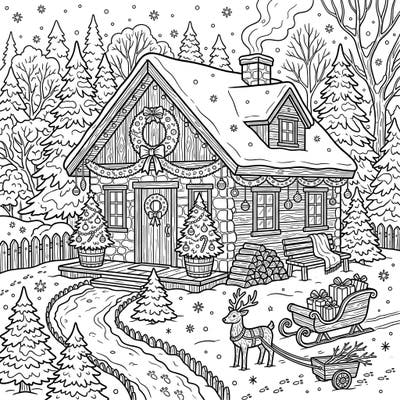 Immerse yourself in the magic of the holidays with this charming Christmas hunting cottage coloring page. This intricate winter scene, complete with festive decorations and a reindeer pulling a sleigh, promises hours of creative joy.