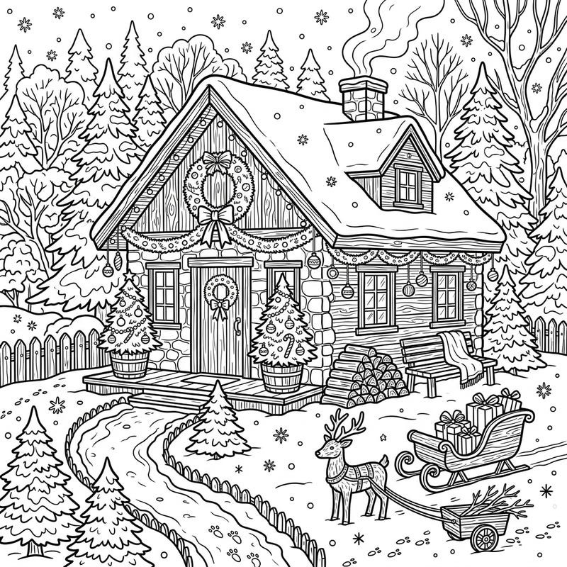 Immerse yourself in the magic of the holidays with this charming Christmas hunting cottage coloring page. This intricate winter scene, complete with festive decorations and a reindeer pulling a sleigh, promises hours of creative joy.
