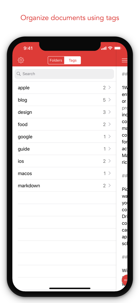 1Writer - Markdown Text Editor - 1Writer app interface displaying a list of document tags for efficient organization