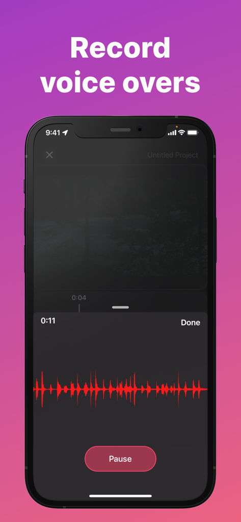 Add Music into Video Editor - iPhone screen showing a video editor interface for recording voice overs with a red audio waveform