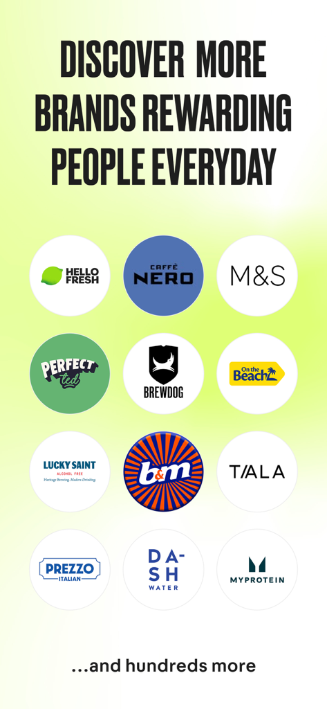 Social Tip: Post & Earn - A display of partner brand logos including Hello Fresh, Brewdog, and Marks and Spencer on the Social Tip app.