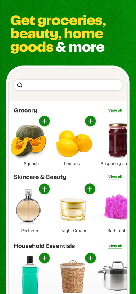 Instacart app interface showing grocery beauty and household categories