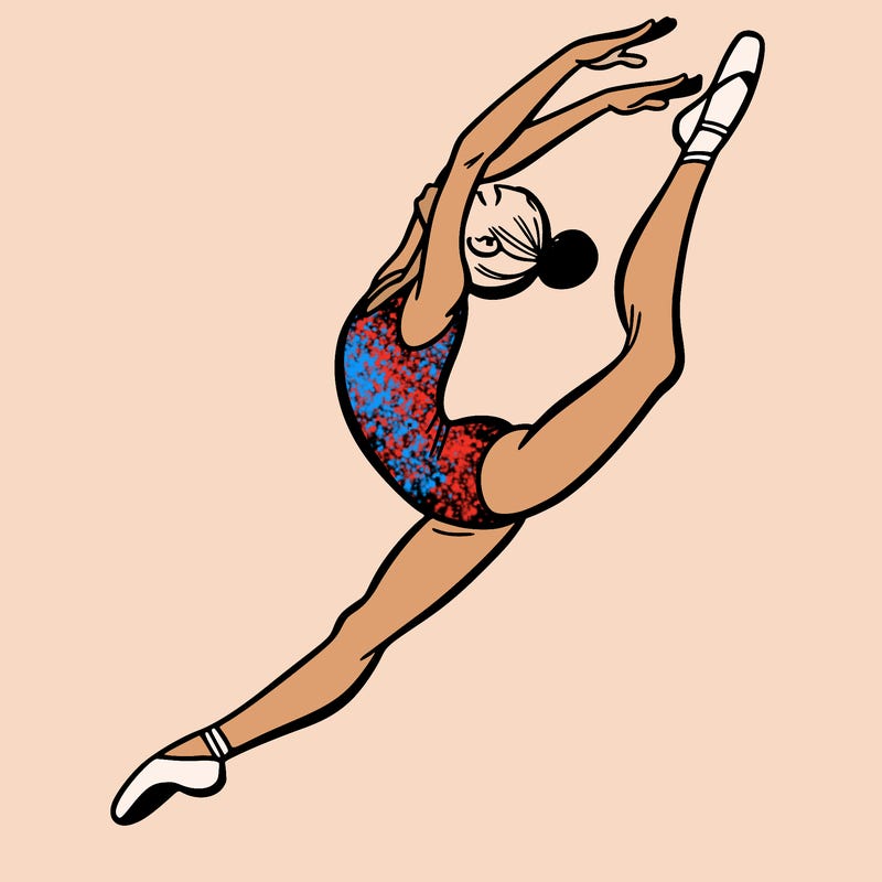 gymnast doing a leap in a leotard with a bent back leg
