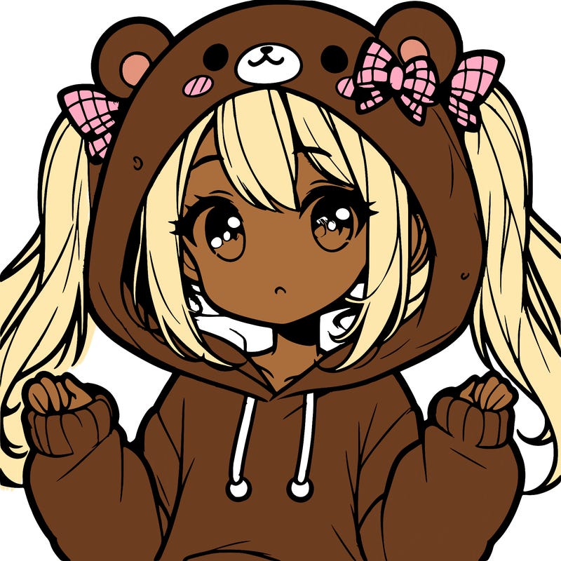 cute anime girl with ponytails and a cute bear hoodie