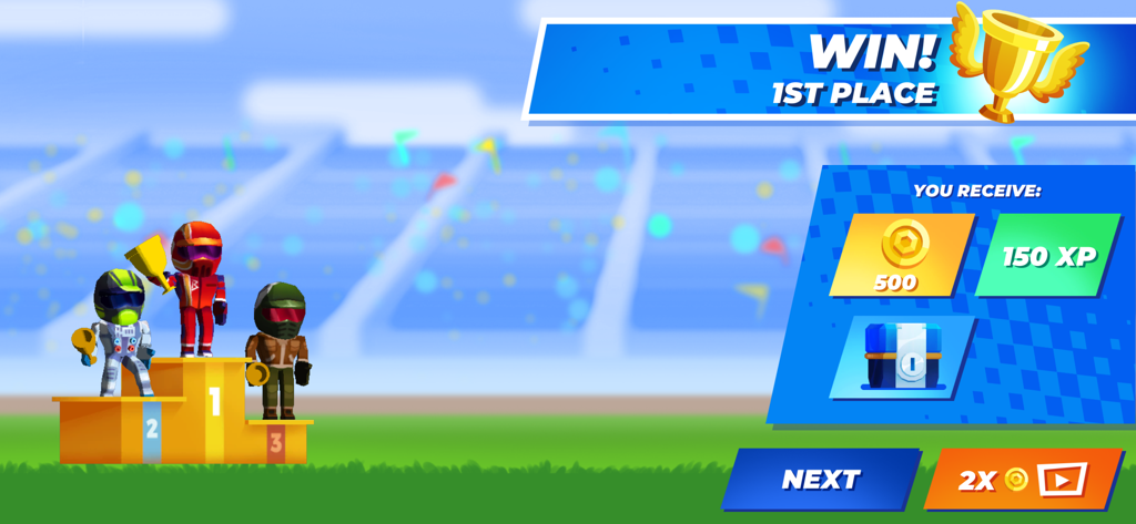 Speedway Heroes - スピードウェイ・ヒーローズのゲームの勝利画面。キャラクターが表彰台に立ち、1位の報酬としてコインと経験値が表示されている。