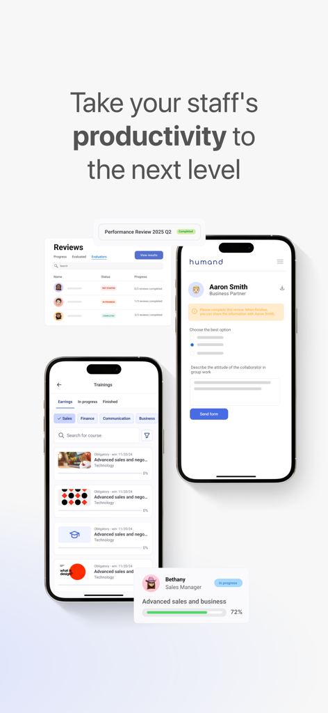 Humand - Humand app interface showing employee performance reviews and training progress on two iPhones