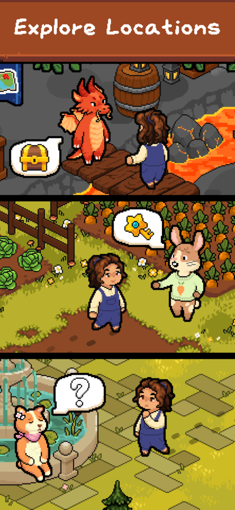 Forest Fables: Cozy pixel sim - Pixel art scenes of a character exploring different locations and talking to animal friends.