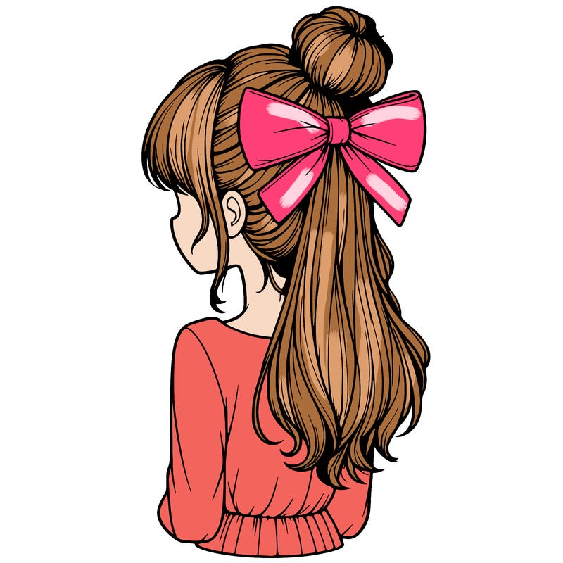 realistic girl  with hip length hair a bun and a big bow on the back of head