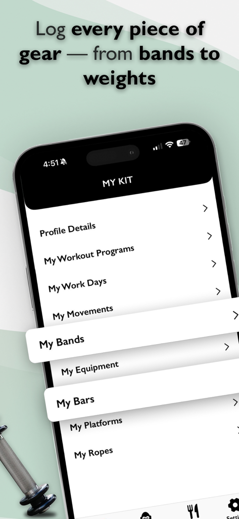 Harambe Fit - Harambe Fit app interface showing the My Kit screen to log workout equipment like bands and bars
