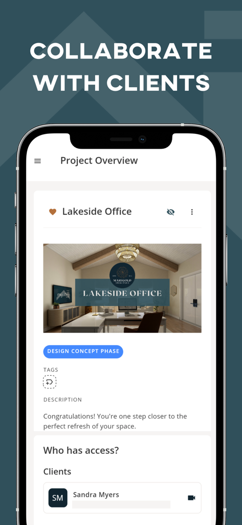 Mydoma Studio - Mydoma Studio app interface displaying an interior design project overview and client collaboration features