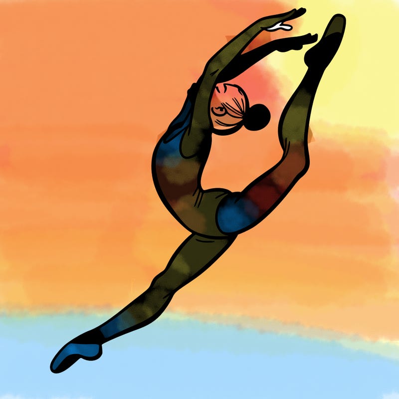gymnast doing a leap in a leotard with a bent back leg