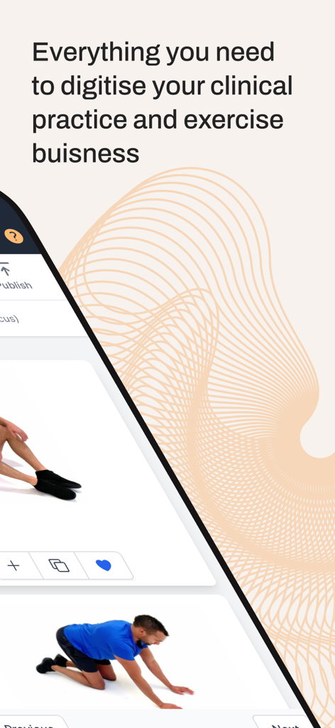 Rehab Guru Pro app interface showcasing clinical practice digitization and exercise library for physical therapists.