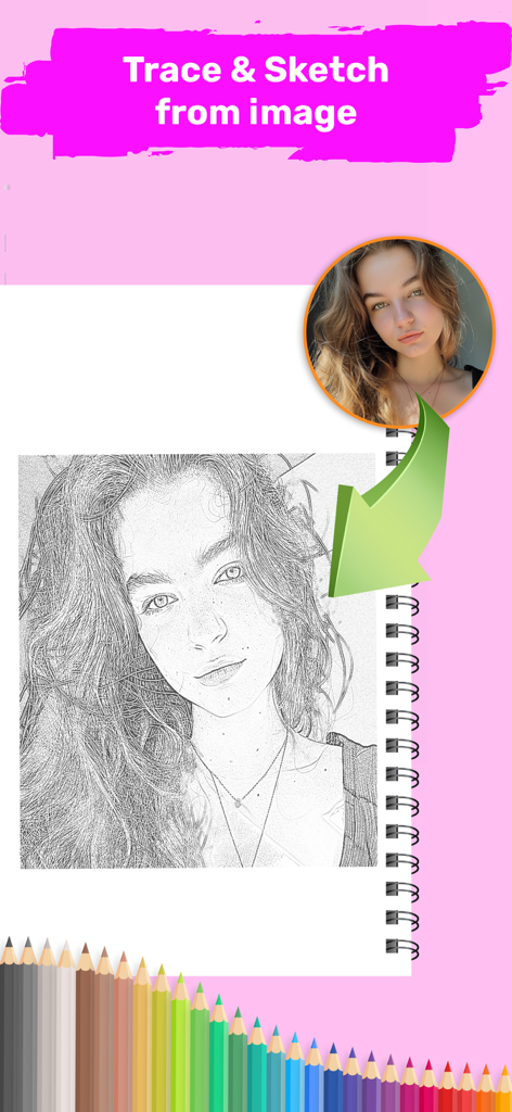 AR Draw to Sketch Photo - A portrait photo being converted into a pencil sketch on a notebook using AR technology