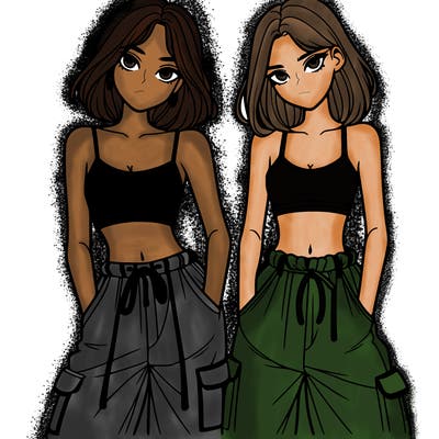 two girls with crop top with baggy pants