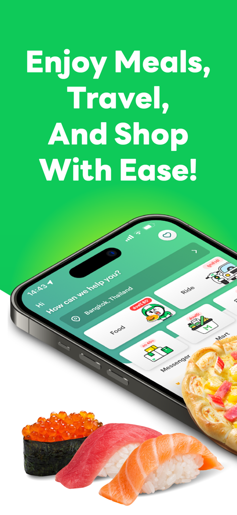 LINE MAN: Food Delivery & more - LINE MAN app screen showing food delivery ride and mart services with sushi and pizza