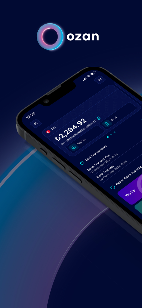 Ozan SuperApp - Ozan SuperApp dashboard on a smartphone showing Turkish Lira balance and recent bank transfers.