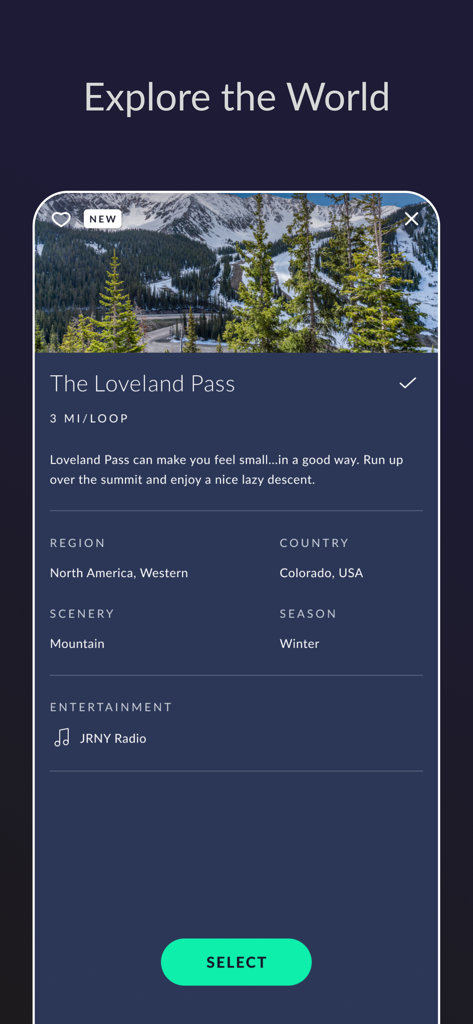 JRNY app interface showing the Loveland Pass scenic workout route
