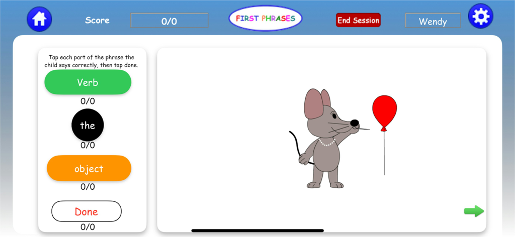 First Phrases HD - Interface of the First Phrases HD app showing a mouse character with a balloon and a data collection tool for speech therapy progress tracking.