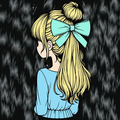 realistic girl  with hip length hair a bun and a big bow on the back of head