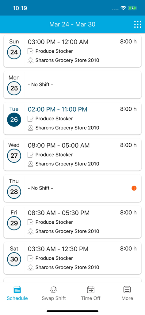 Tela do aplicativo móvel mostrando uma agenda de trabalho semanal com horários de turno diários e funções de trabalho para um funcionário do varejo