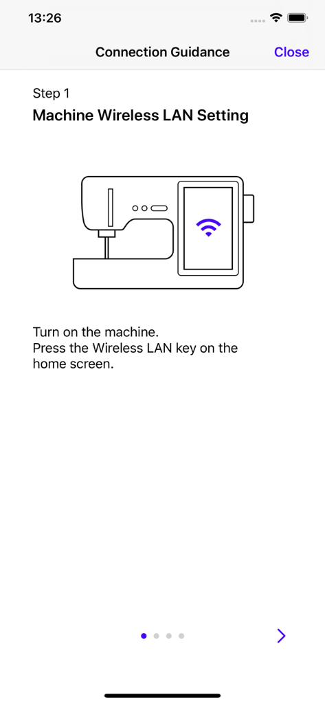 Pantalla de guía de conexión para Brother My Stitch Monitor que muestra los pasos de configuración de LAN inalámbrica para una máquina de bordar