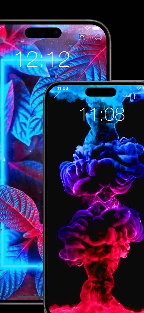 Dos iPhones mostrando fondos de pantalla estéticos de hojas de neón y humo abstracto de colores