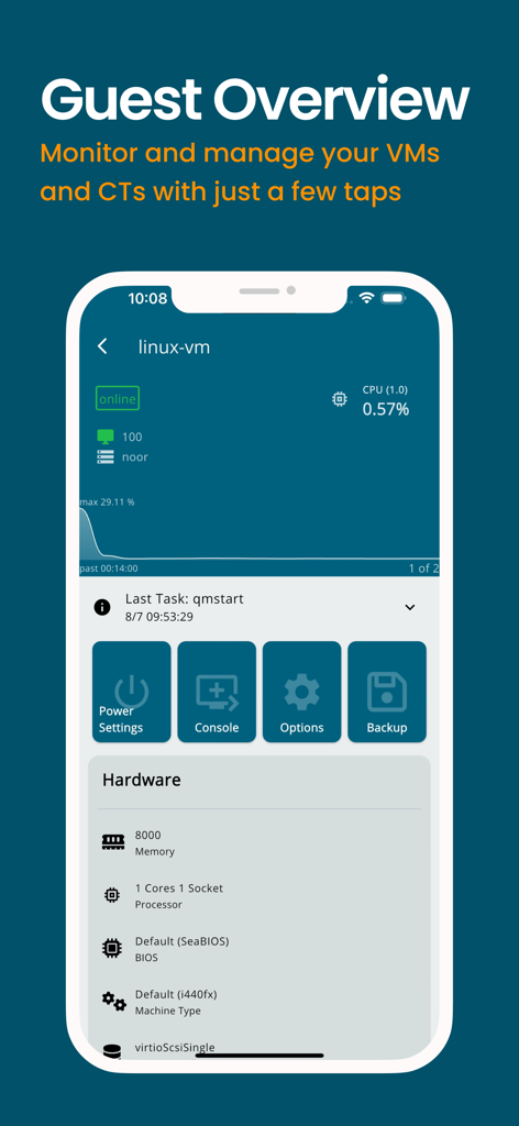 Proxmox VE Companion - Proxmox VE Companion app guest overview screen showing virtual machine status monitoring and management options