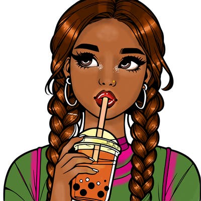 realistic girl with braided hair drinking boba