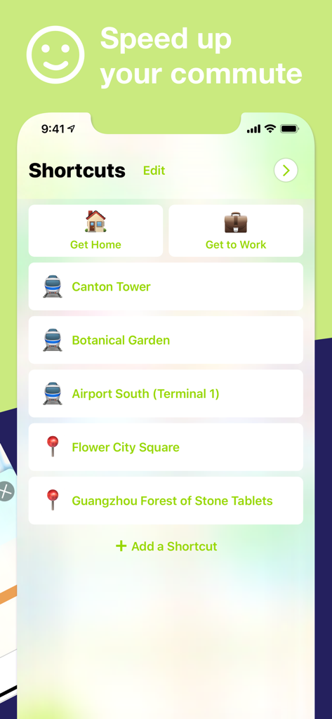 Guangzhou Metro Route planner - Schermata delle scorciatoie nell'app Guangzhou Metro che mostra collegamenti rapidi a destinazioni come la Torre di Canton e l'Aeroporto Sud