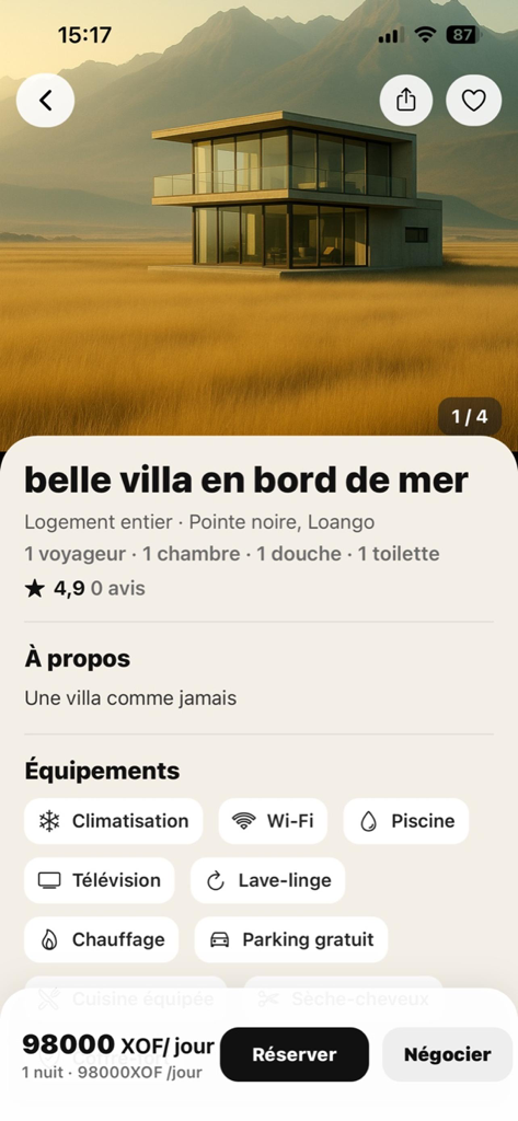 Flexiii - Mobile app screen for Flexiii showing a beautiful seaside villa listing with a negotiate button.