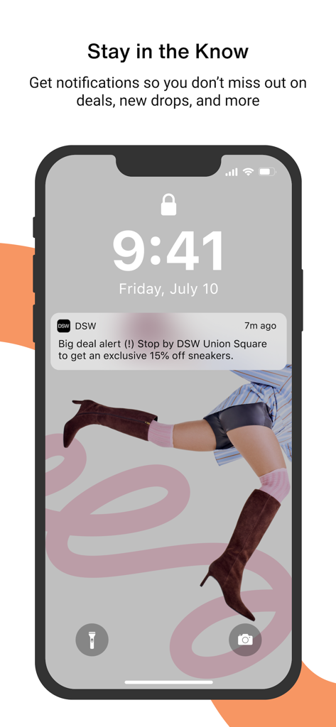 DSW Designer Shoe Warehouse - Smartphone lock screen showing a DSW app notification for a fifteen percent discount on sneakers