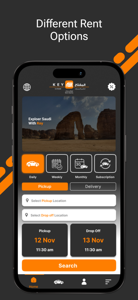 Key Car Rental app interface for selecting daily weekly or monthly car rentals in Saudi Arabia