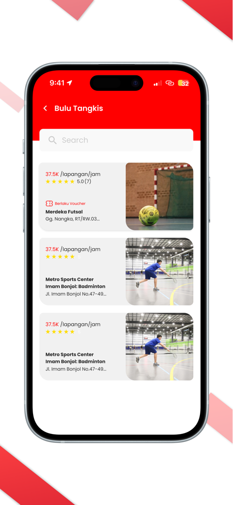 Laparaga - Laparaga mobile app interface displaying badminton court listings with prices and ratings