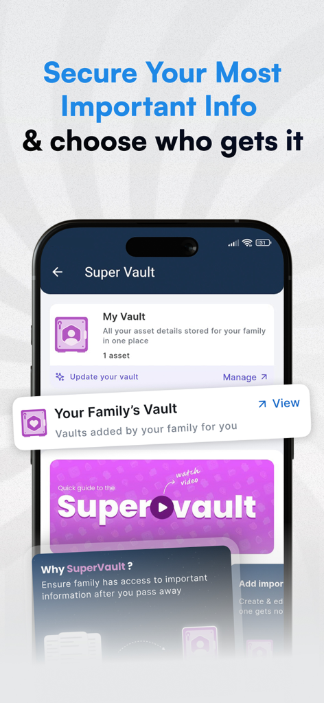 Smartphone screen displaying the Super Vault feature in the SuperFam app for secure family legacy and asset sharing